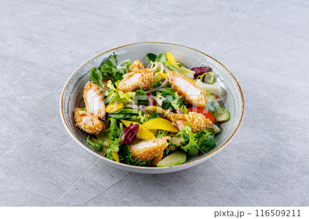 Delicious salad with panko shrimps and vegetables, fitness salad, for the restaurant website menu 116509211