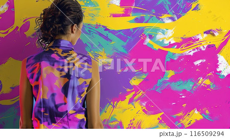 Pop art collage abstract colorful image of woman style sleeveless shirt Generative AI 116509294