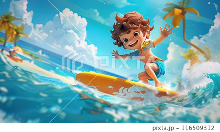3D Cute cartoon character surfing in the sea white sandy beach in the foreground Generative AI 116509312