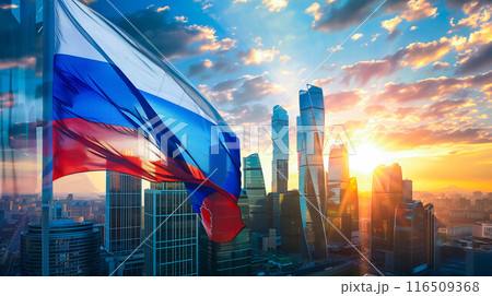 Russia national flag and government building with skyscrapers. 116509368