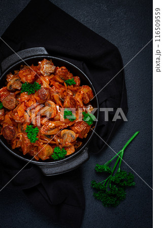Bigos, bigus is a national Polish dish, made of cabbage and meat, stewed, homemade, no people, Bigos, bigus is a national Polish dish, made of cabbage and meat, stewed, homemade, no people, 116509559