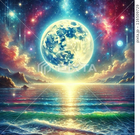 青く輝く海面と不思議な満月 青く輝く海面と不思議な満月 116509729