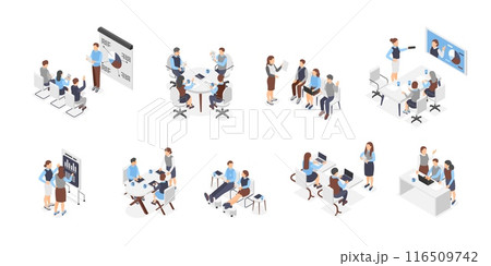 Isometric office scenes. Business people communication, discussion of projects work processes and start up progress. Team leader, flawless vector set 116509742