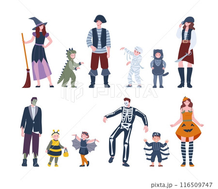 Halloween costumes. Party children and adults characters. Pirates pumpkin outfit and skeleton, dino and bat costume. Spooky kicky vector people Halloween costumes. Party children and adults characters. Pirates pumpkin outfit and skeleton, dino and bat costume. Spooky kicky vector people 116509747