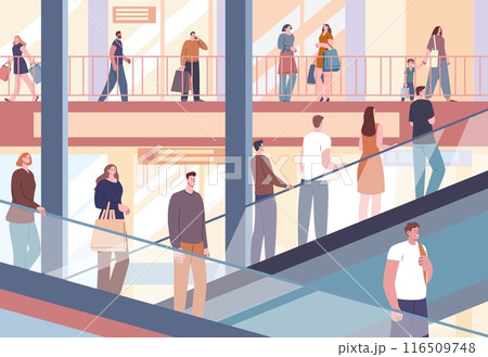 People on escalators in mall. Men women in shopping center, adults and children shop. Electric stairs moving up and down, kicky vector scene 116509748