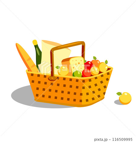 Picnic basket with food wine, drink 116509995