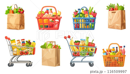 Shopping trolley with food set. Supermarket baskets with fresh organic vegetables fruits and grocery. Paper food bags. Isolated vector clipart collection Shopping trolley with food set. Supermarket baskets with fresh organic vegetables fruits and grocery. Paper food bags. Isolated vector clipart collection 116509997
