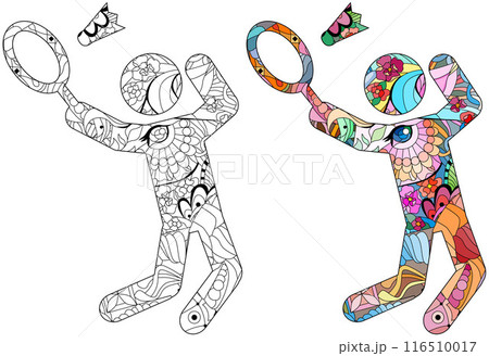 Badminton game icon for coloring. Olympic sport. Color and outline set Badminton game icon for coloring. Olympic sport. Color and outline set 116510017