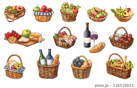 Food in wicker baskets. Picnic set. Wine, sandwiches, fruits, baguette. Rustic basket filled with romantic lunch. Vector clipart collection on white background 116510033