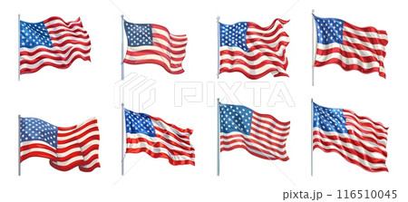 American flags set. Flag flutter in the wind. Patriotic 4th of July design element. National day isolated vector on white background collection 116510045