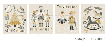 Happy New Year Nutcrackers Vector banners set on Light Background. Postcard. Childish rocking horses. Christmas illustration. Happy New Year Nutcrackers Vector banners set on Light Background. Postcard. Childish rocking horses. Christmas illustration. 116510056