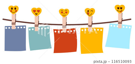 Cute clothes pegs with smiley hearts and a set of colourful paper leaves for notes. Colourful paper hanging on a string 116510093