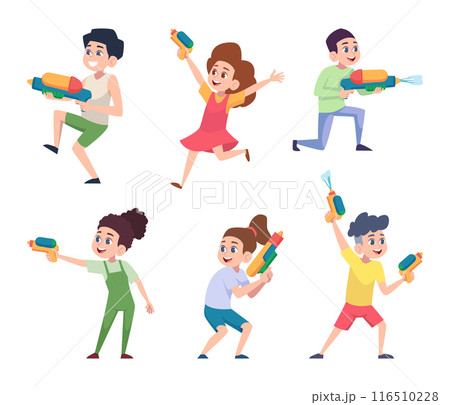 Water games. Kids playing summer water games fighting with toys water gun exact vector cartoon characters Water games. Kids playing summer water games fighting with toys water gun exact vector cartoon characters 116510228