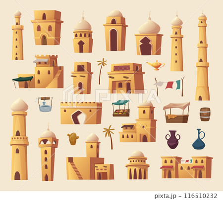 Islamic houses. Mosques columns towers arches urban traditional islamic architectural objects exact vector buildings isolated Islamic houses. Mosques columns towers arches urban traditional islamic architectural objects exact vector buildings isolated 116510232