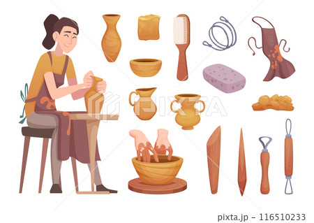 Workshop of clay pot production working tools exact vector cartoon set 116510233