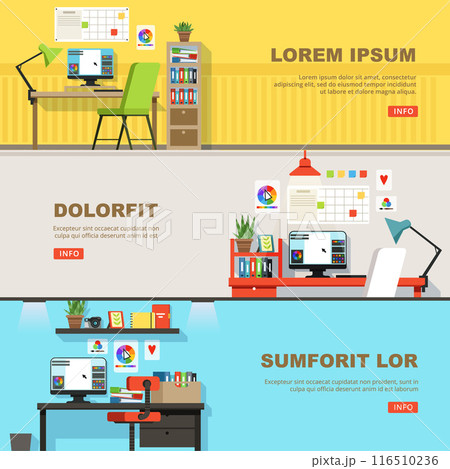 designer workplace. indoor places for freelancers laptop computer printer tablets vector horizontal banners 116510236