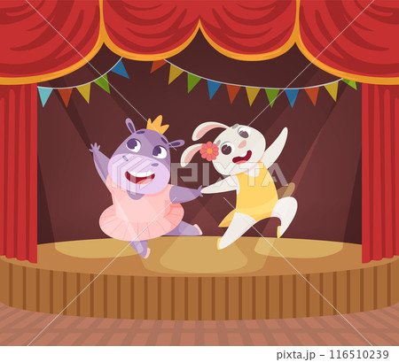 animals dancers. cartoon rabbit and hippo ballerina dancers on scene animals dancers. cartoon rabbit and hippo ballerina dancers on scene 116510239
