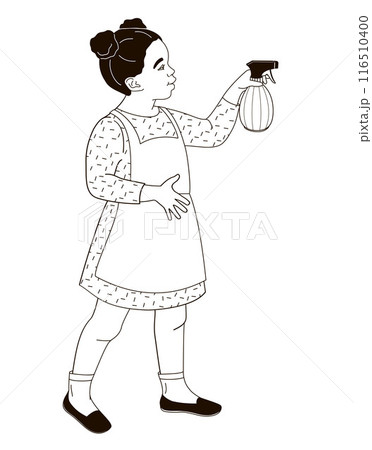 african American  kid character girl with spray for indoor flowers 116510400