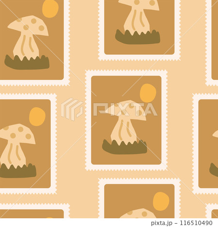 Mushrooms seamless pattern. Cutouts paper shapes repeat background. Bento box retro stamps design. Vector hand drawn flat illustration. Mushrooms seamless pattern. Cutouts paper shapes repeat background. Bento box retro stamps design. Vector hand drawn flat illustration. 116510490