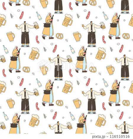 Beer lovers seamless pattern. Doodle characters with alcohol drinks endless background. Oktoberfest continuous cover. Vector hand drawn illustration. 116510516