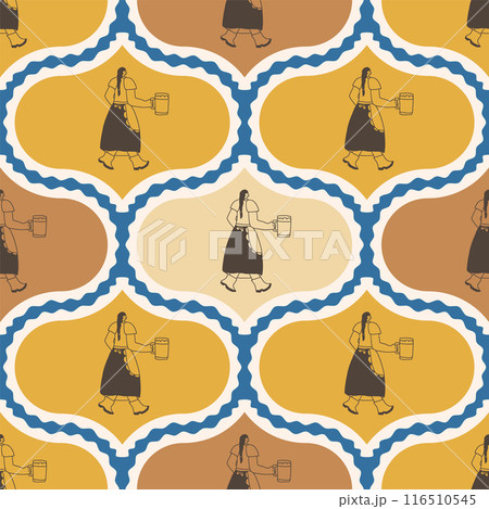 Oktoberfest female character in traditional clothes damask seamless pattern. Vector hand drawn flat illustration. 116510545