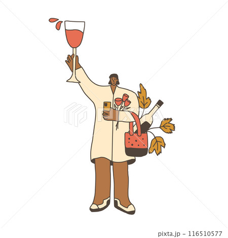 Wine lover. Woman with wineglass and bag with bottle. Cute character with alcohol beverage. Vector hand drawn doodle illustration isolated on white background. 116510577