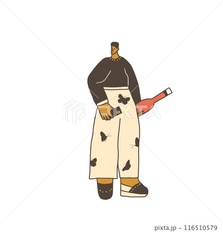 Man with bottle of wine and phone. Cute character with alcohol beverage. Vector hand drawn doodle illustration isolated on white background. Man with bottle of wine and phone. Cute character with alcohol beverage. Vector hand drawn doodle illustration isolated on white background. 116510579