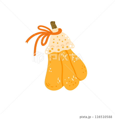 Pumpkin isolated on white background. Textured stylized holiday autumn ripe vegetable harvest. Butternut squash with fabric festive decoration.Vector hand drawn flat illustration 116510588