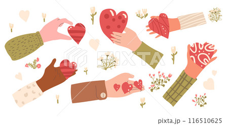 Set of hands with hearts shape. Palms with charity and kindness symbols kit. Vector hand drawn flat collection illustration isolated on white background. Set of hands with hearts shape. Palms with charity and kindness symbols kit. Vector hand drawn flat collection illustration isolated on white background. 116510625