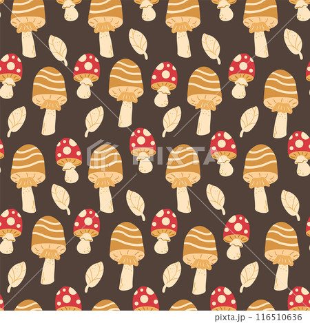 Toadstool and fly agaric seamless pattern. Inedible mushrooms repeat background. Vector hand drawn flat illustration. 116510636