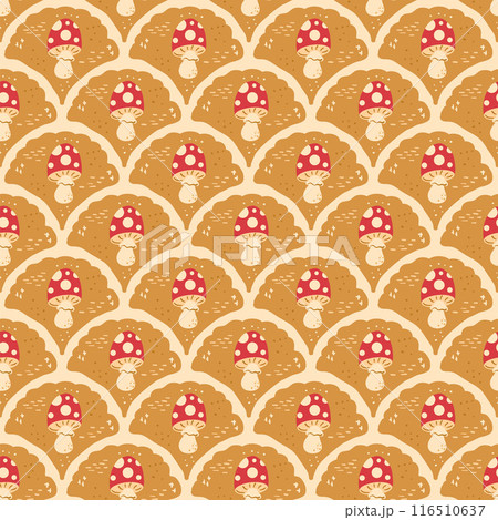 Fly agaric scallop seamless pattern. Fairy Tale Mushroom arch repeat background. Inedible mushrooms retro endless design. Vector hand drawn flat illustration. 116510637