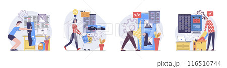 Web development concept with people scenes set in flat design. Collection of character situation with developers creating and programming wireframe app interfaces with content. Vector illustrations. 116510744