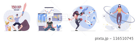 Virtual reality concept with people scenes set in flat web design. Collection of character situation with users in VR headsets paying games or doing work at interactive screens. Vector illustrations. 116510745