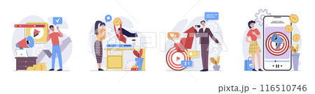 Video marketing concept with people scenes set in flat web design. Collection of character situation with creating advertising video content, posting online, follow analytics. Vector illustrations. Video marketing concept with people scenes set in flat web design. Collection of character situation with creating advertising video content, posting online, follow analytics. Vector illustrations. 116510746
