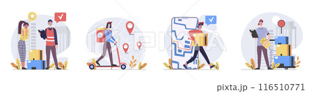 Delivery concept with people scenes set in flat web design. Collection of character situation with couriers shipping parcels from warehouse, logistics and distribution orders. Vector illustrations. Delivery concept with people scenes set in flat web design. Collection of character situation with couriers shipping parcels from warehouse, logistics and distribution orders. Vector illustrations. 116510771