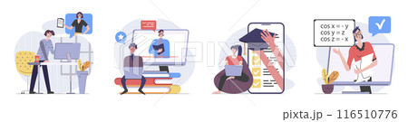 Back to school concept with people scenes set in flat web design. Collection of character situation with students learning online, watching video lessons, graduating study. Vector illustrations. 116510776