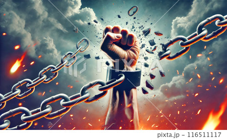 Fist breaking chains amid dramatic sky 116511117