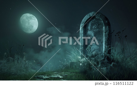 Blank ancient tombstone at night with wild plants and a full moon 116511122