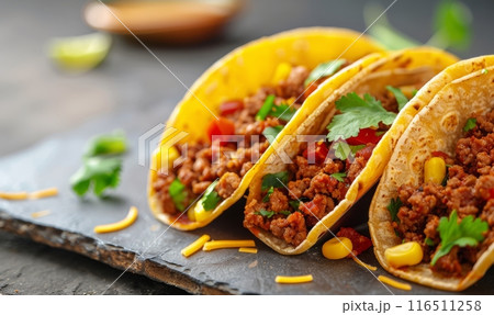 Traditional Mexican tacos on rustic background with copyspace 116511258