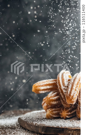 Closeup of churros  on rustic wooden background 116511400