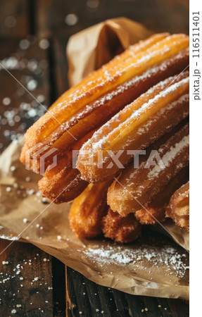 Closeup of churros  on rustic wooden background 116511401