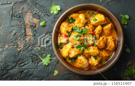 Chicken curry on rustic background 116511407