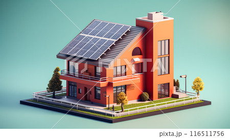 Smart home with solar panels 3D illustration. 116511756