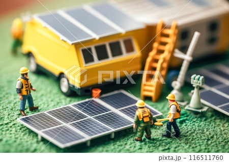 Miniature workers near solar panels 116511760
