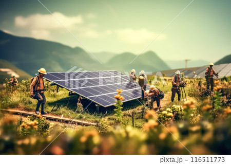 Miniature workers near solar panels 116511773