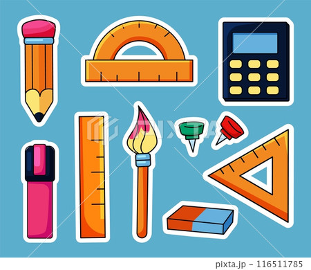 School stationery. Children education. Ruler and protractor. Office supplies. Pen and felt tip pen. Color marker. Paint brush. Electronic calculator. Learning kids icons. Vector studying elements set School stationery. Children education. Ruler and protractor. Office supplies. Pen and felt tip pen. Color marker. Paint brush. Electronic calculator. Learning kids icons. Vector studying elements set 116511785