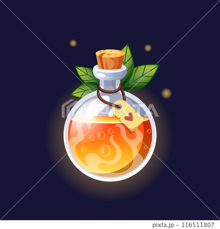 Orange elixir. Magic potion in glass bottle, green leaves. Mystery poisonous liquid in phial. Wizard and witch drink. Game ui icon. Fantasy beverage. Vector isolated on black background illustration Orange elixir. Magic potion in glass bottle, green leaves. Mystery poisonous liquid in phial. Wizard and witch drink. Game ui icon. Fantasy beverage. Vector isolated on black background illustration 116511807