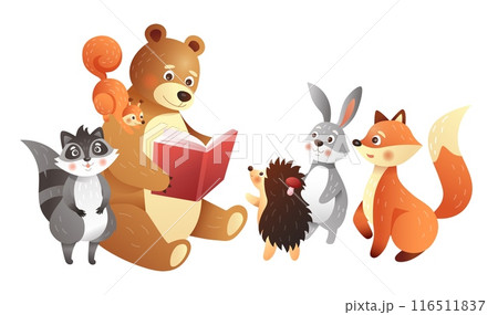 Forest animals. Cartoon characters read book. Cute bear teacher. Hare and raccoon. Wild hare. Clever hedgehog. Squirrel and fox. Wild mammals. Literature library. Friends group. Vector illustration Forest animals. Cartoon characters read book. Cute bear teacher. Hare and raccoon. Wild hare. Clever hedgehog. Squirrel and fox. Wild mammals. Literature library. Friends group. Vector illustration 116511837