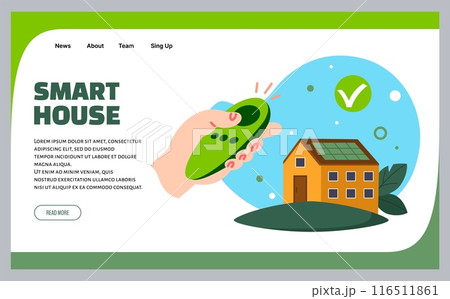 Smart house landing page. Electric solar panels. Remote control technology. Green eco electricity generation. Modern home. Wireless device. Renewable energy. Website design template. Vector background 116511861