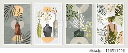 Aesthetic poster modern set. Artistic illustration boho cards. Woman in garden, green plant, contemporary art vogue. Watercolor pattern minimal, geometric vase. Flowers in pots. Vector abstract design 116511906